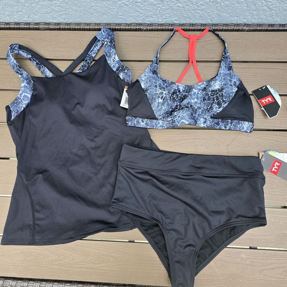 TYR Womens Black/grey Serpentine Harlow Top W/tank & High-waist Bikini Sz L NEW